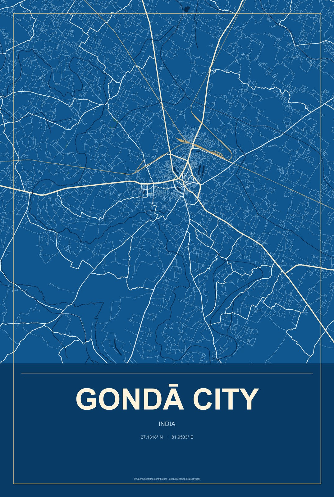 Gondā City, India City Map Aluminum Sign in Harbor Cobalt style