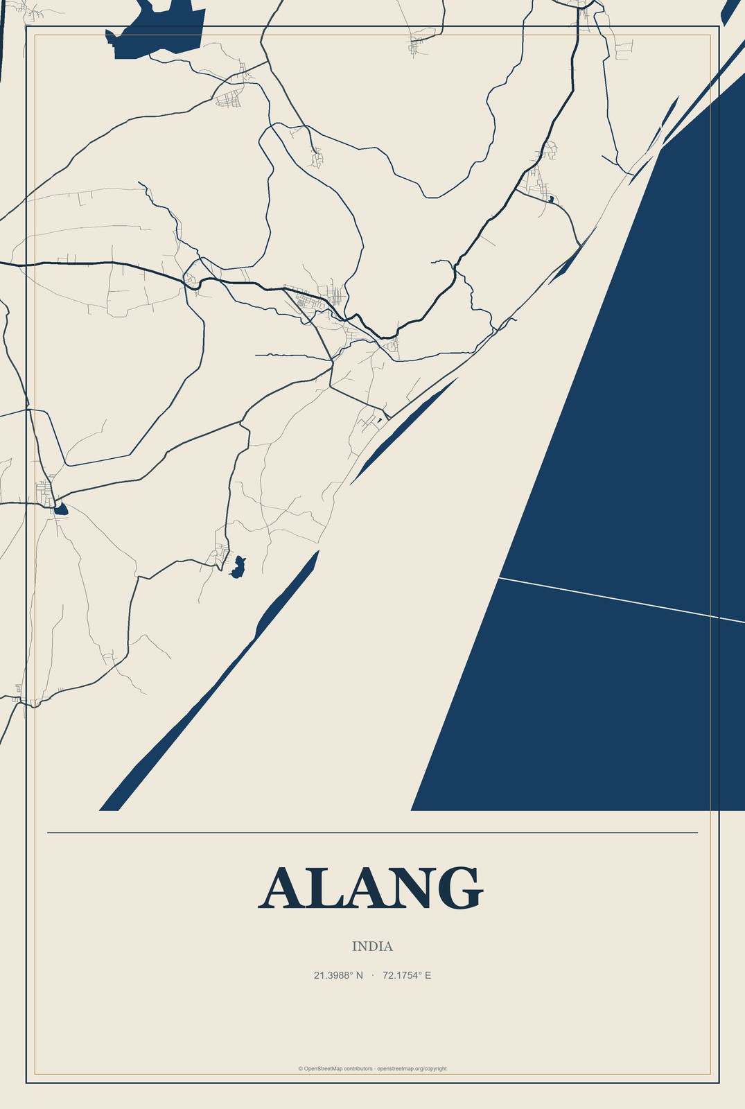 Alang, India City Map Aluminum Sign in Coastal Cutout style