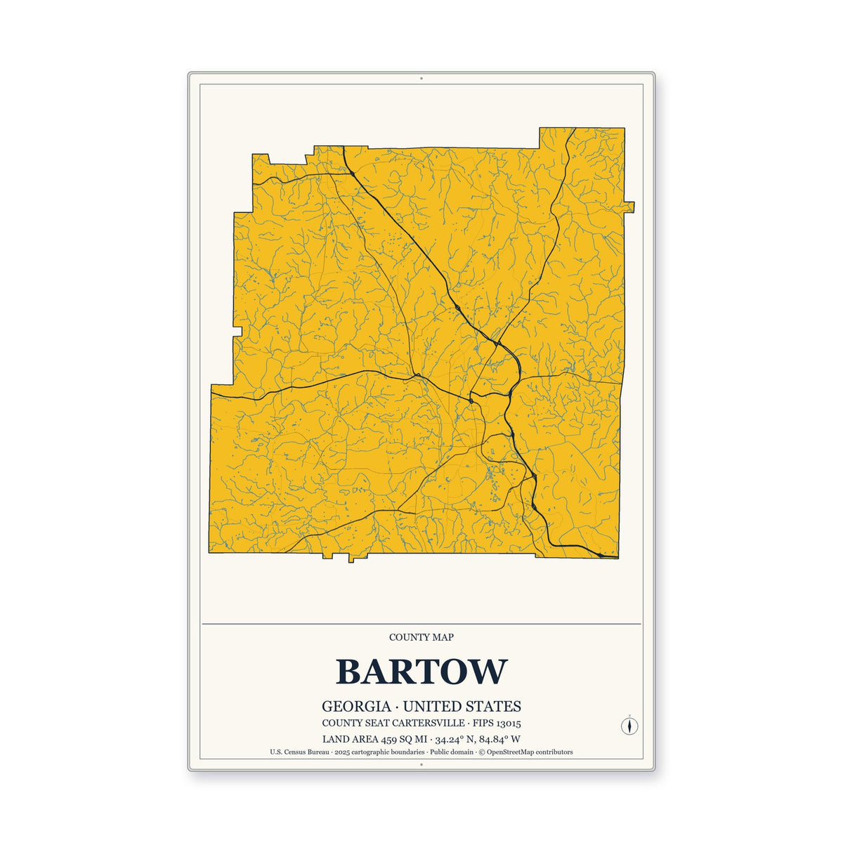 Bartow County, Georgia Map Aluminum Sign in Citrine Modern style