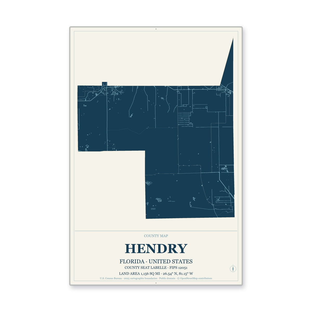 Hendry County, Florida Map Aluminum Sign in Coastal Cutout style