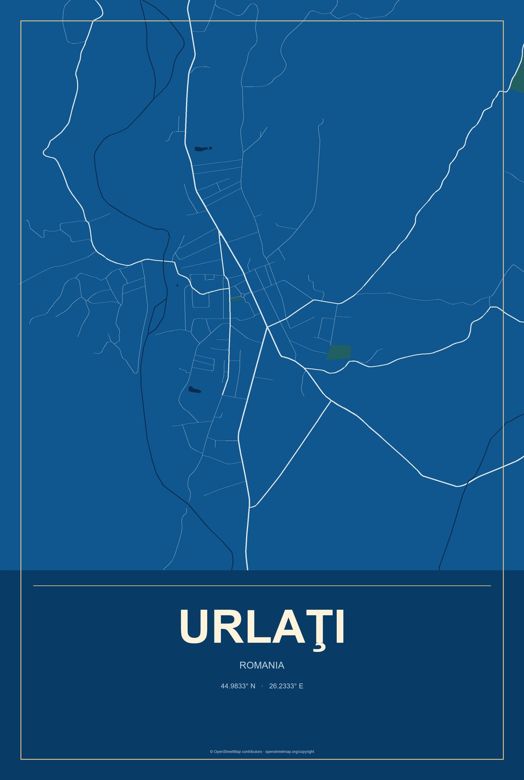 Urlaţi, Romania City Map Aluminum Sign in Harbor Cobalt style