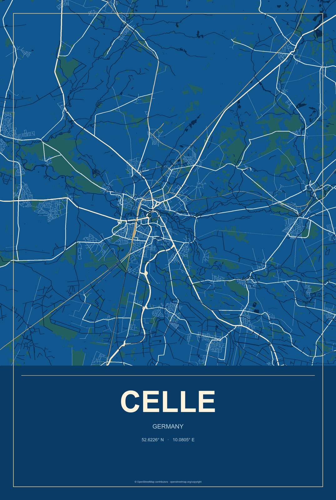 Celle, Germany City Map Aluminum Sign in Harbor Cobalt style