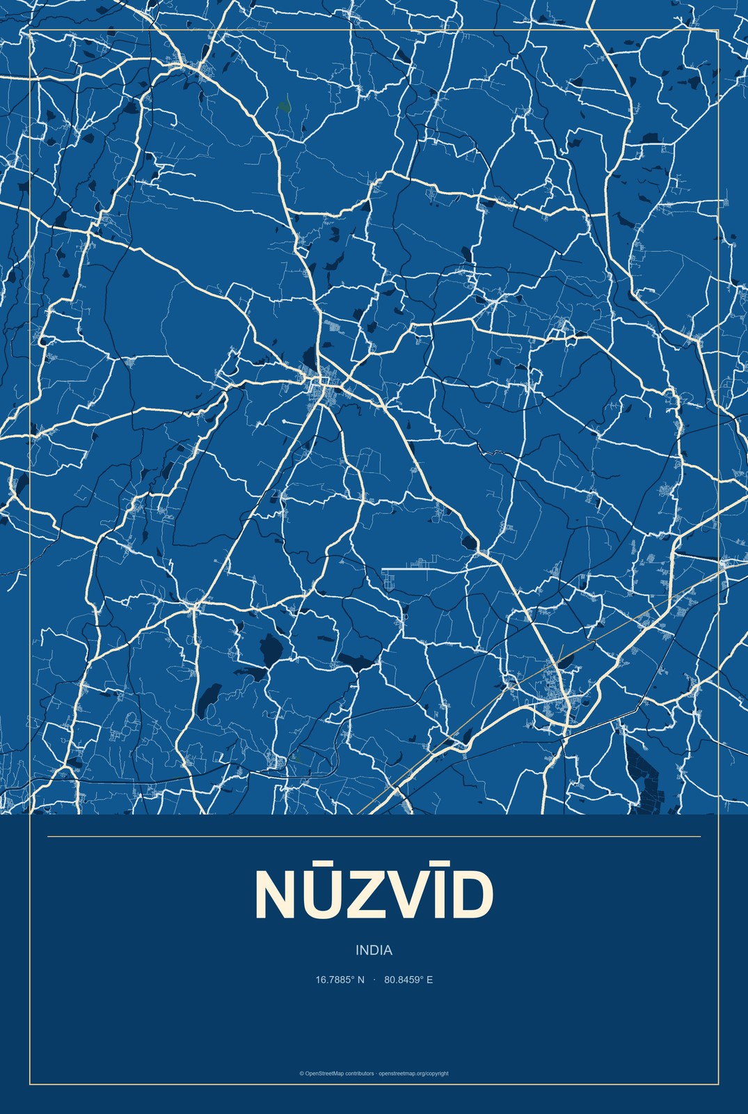 Nūzvīd, India City Map Aluminum Sign in Harbor Cobalt style