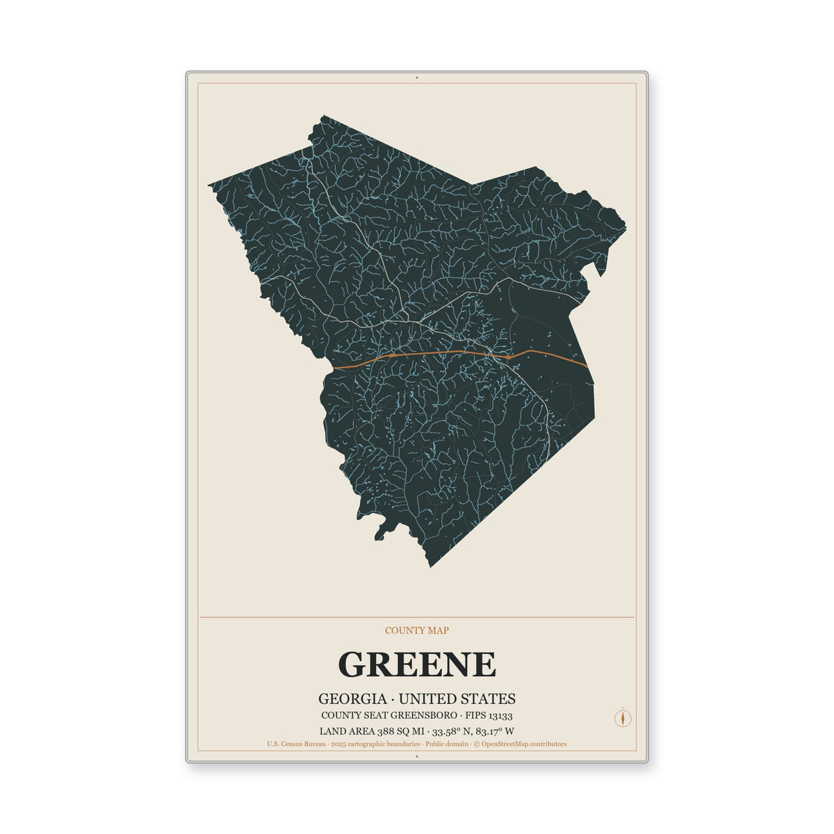 Greene County, Georgia Map Aluminum Sign in Headline Atlas style