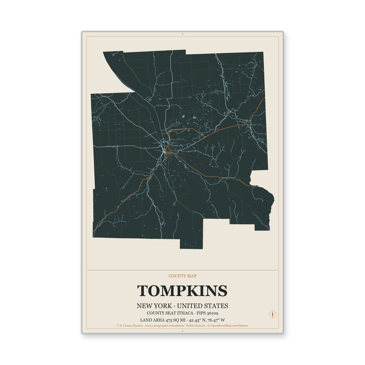 Tompkins County, New York Map Aluminum Sign in Headline Atlas style