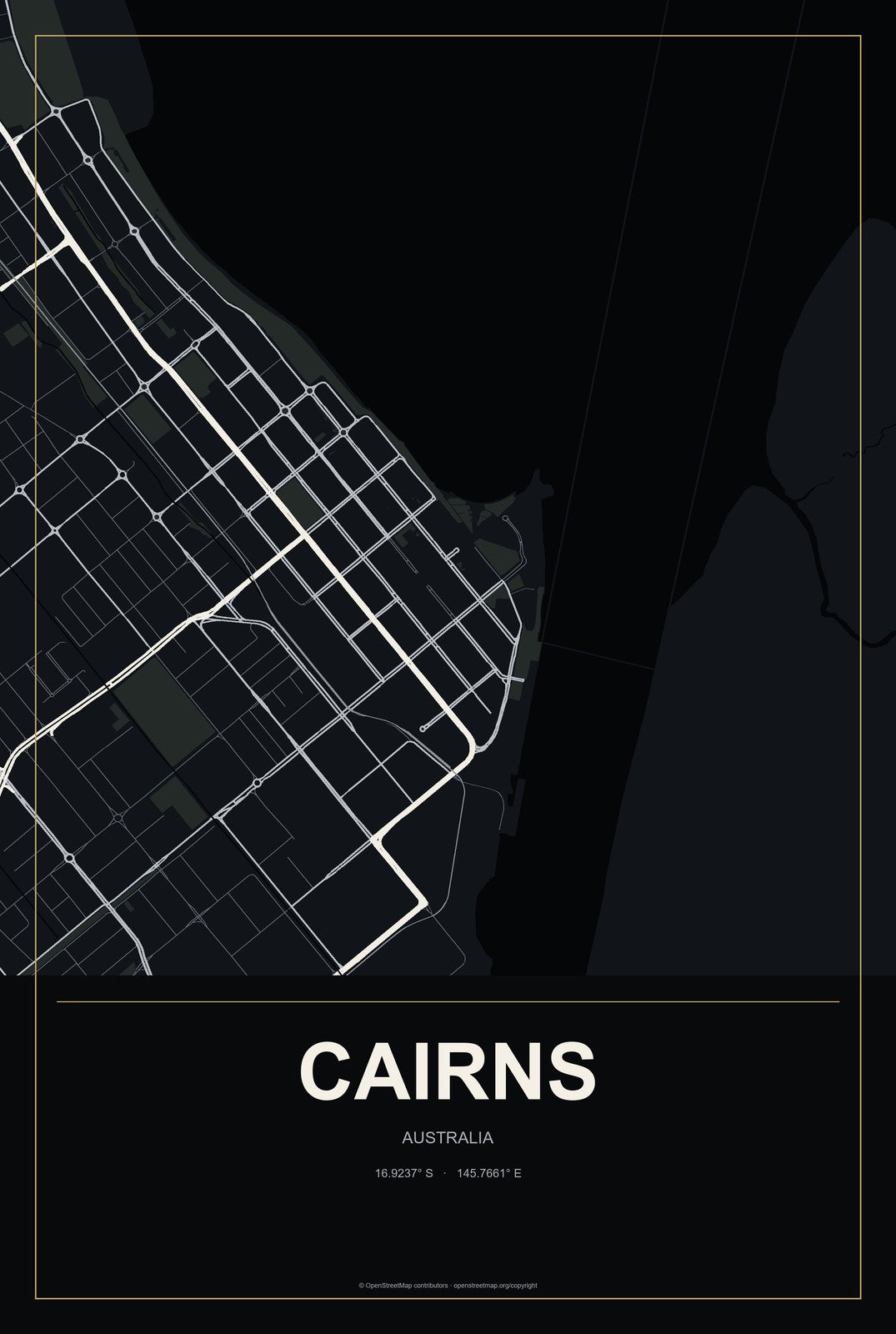 Cairns, Australia City Map Aluminum Sign in Metropolitan Noir style