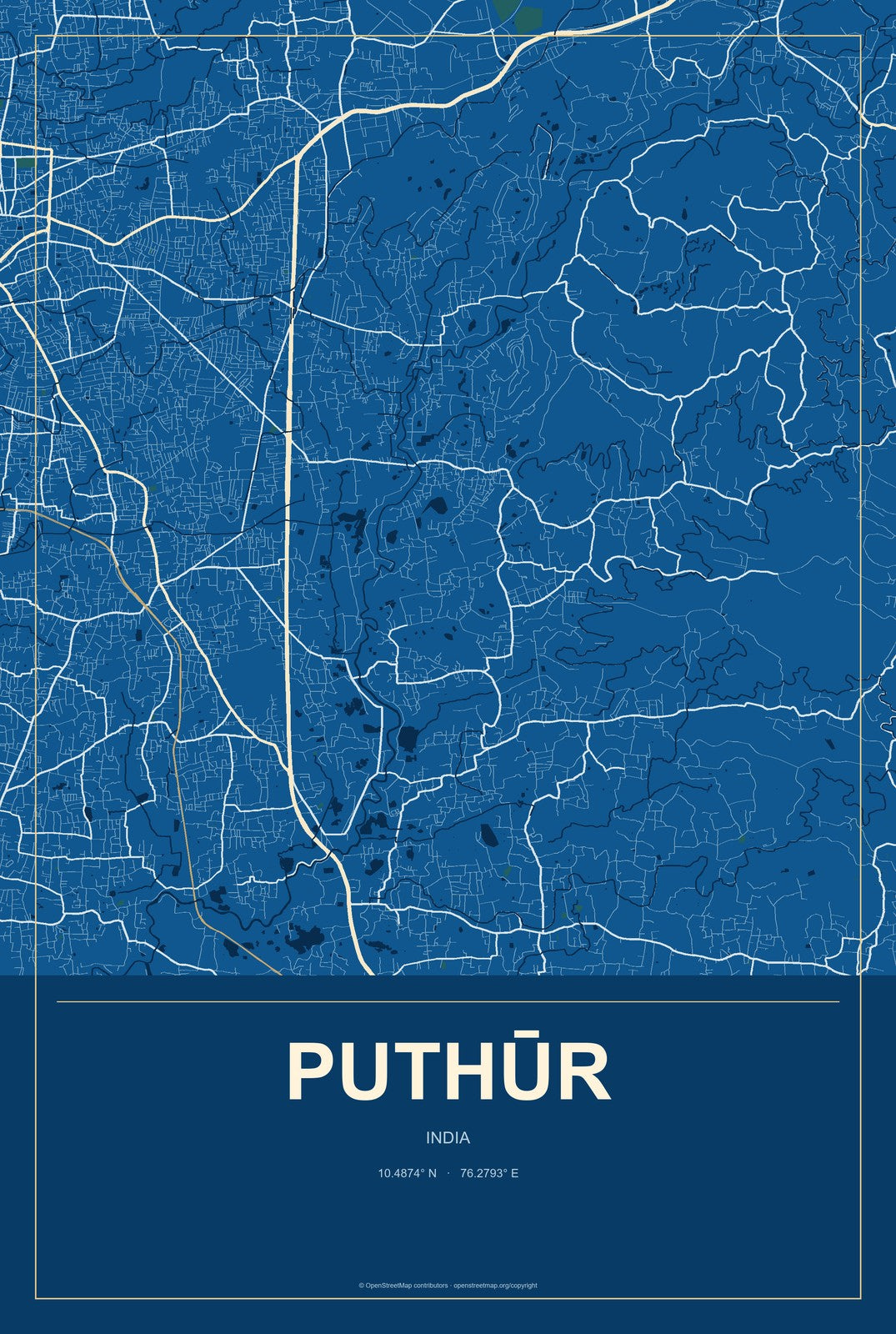 Puthūr, India City Map Aluminum Sign in Harbor Cobalt style