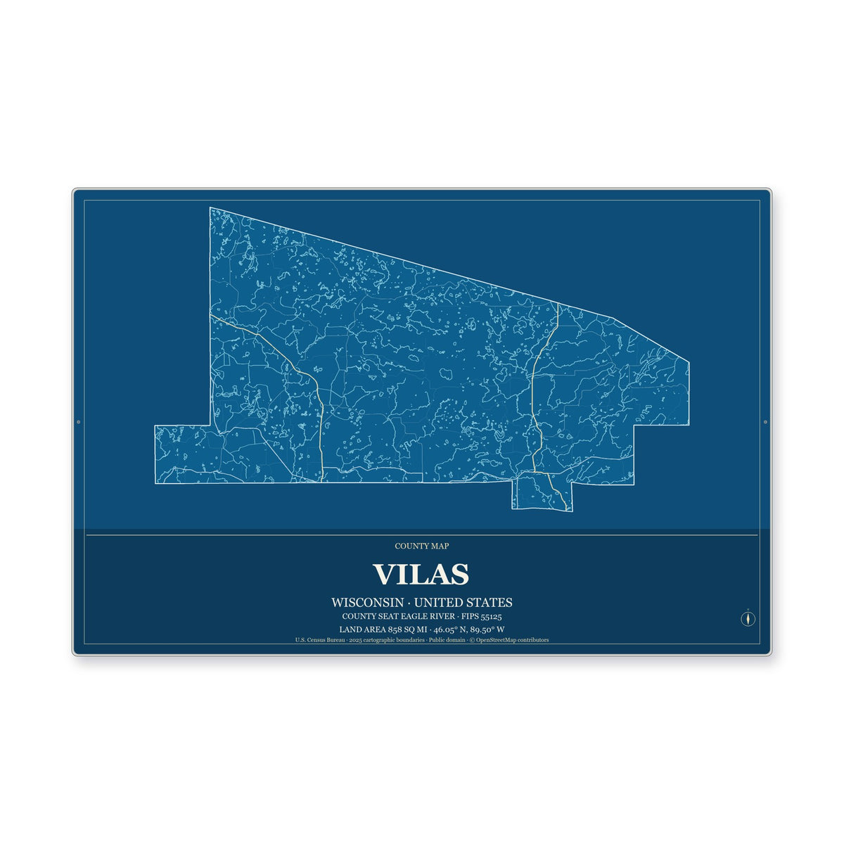 Vilas County, Wisconsin Map Aluminum Sign in Harbor Cobalt style