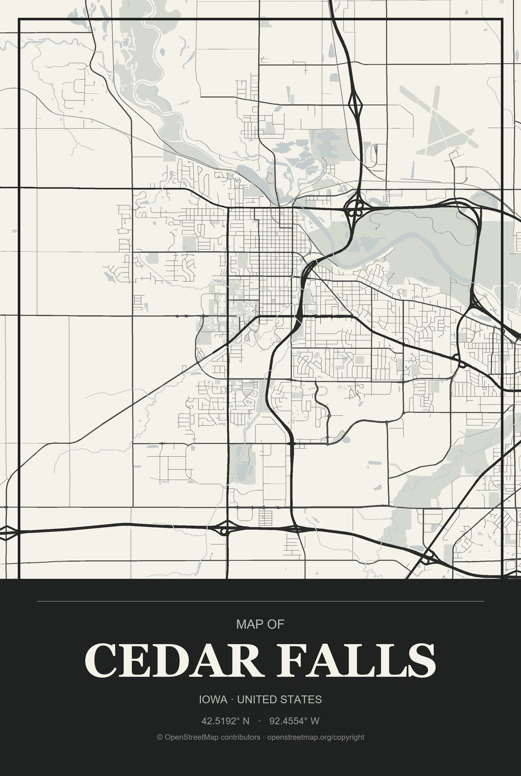 Cedar Falls, Iowa City Map Aluminum Sign in Museum Plaque style