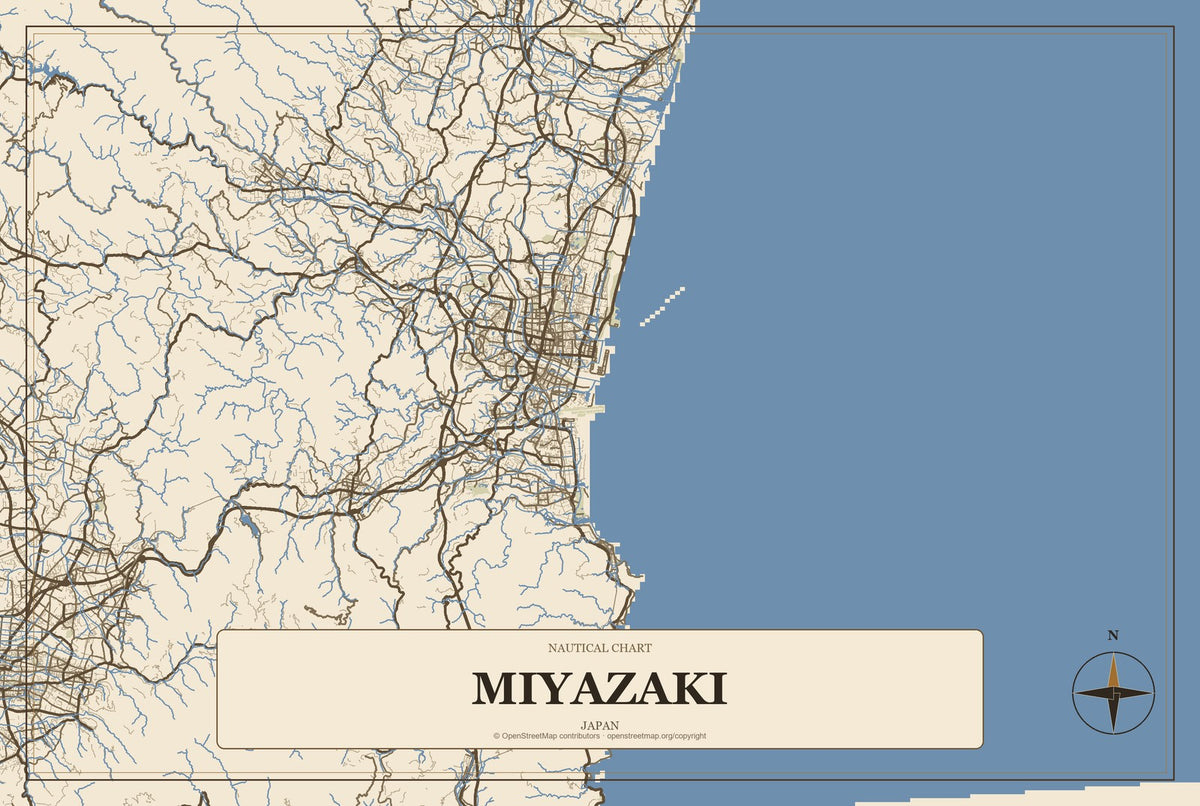 Miyazaki, Japan City Map Aluminum Sign in Heritage Nautical style