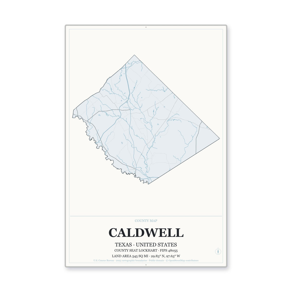 Caldwell County, Texas Map Aluminum Sign in Gallery Air style