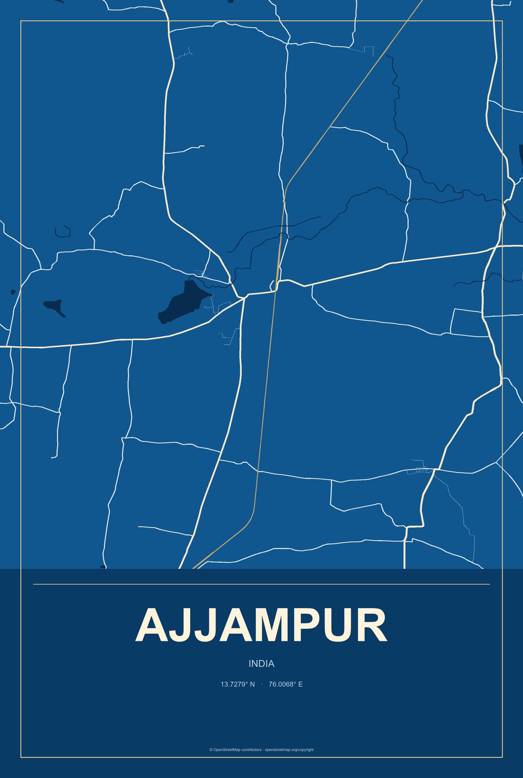 Ajjampur, India City Map Aluminum Sign in Harbor Cobalt style
