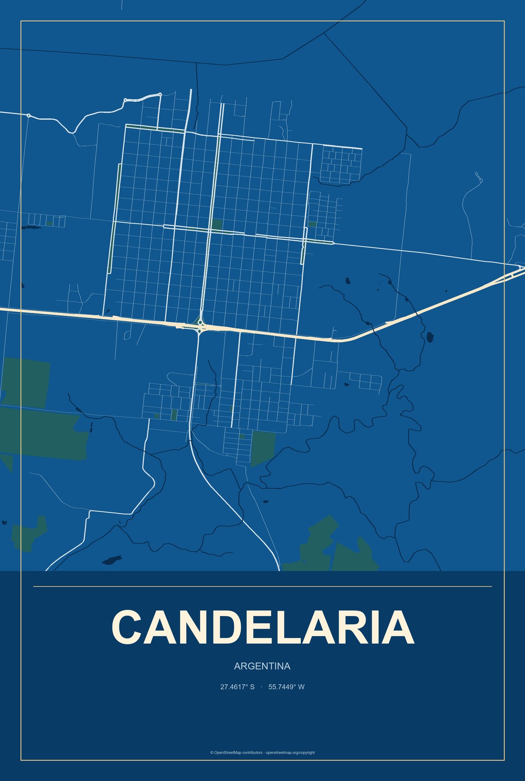 Candelaria, Argentina City Map Aluminum Sign in Harbor Cobalt style