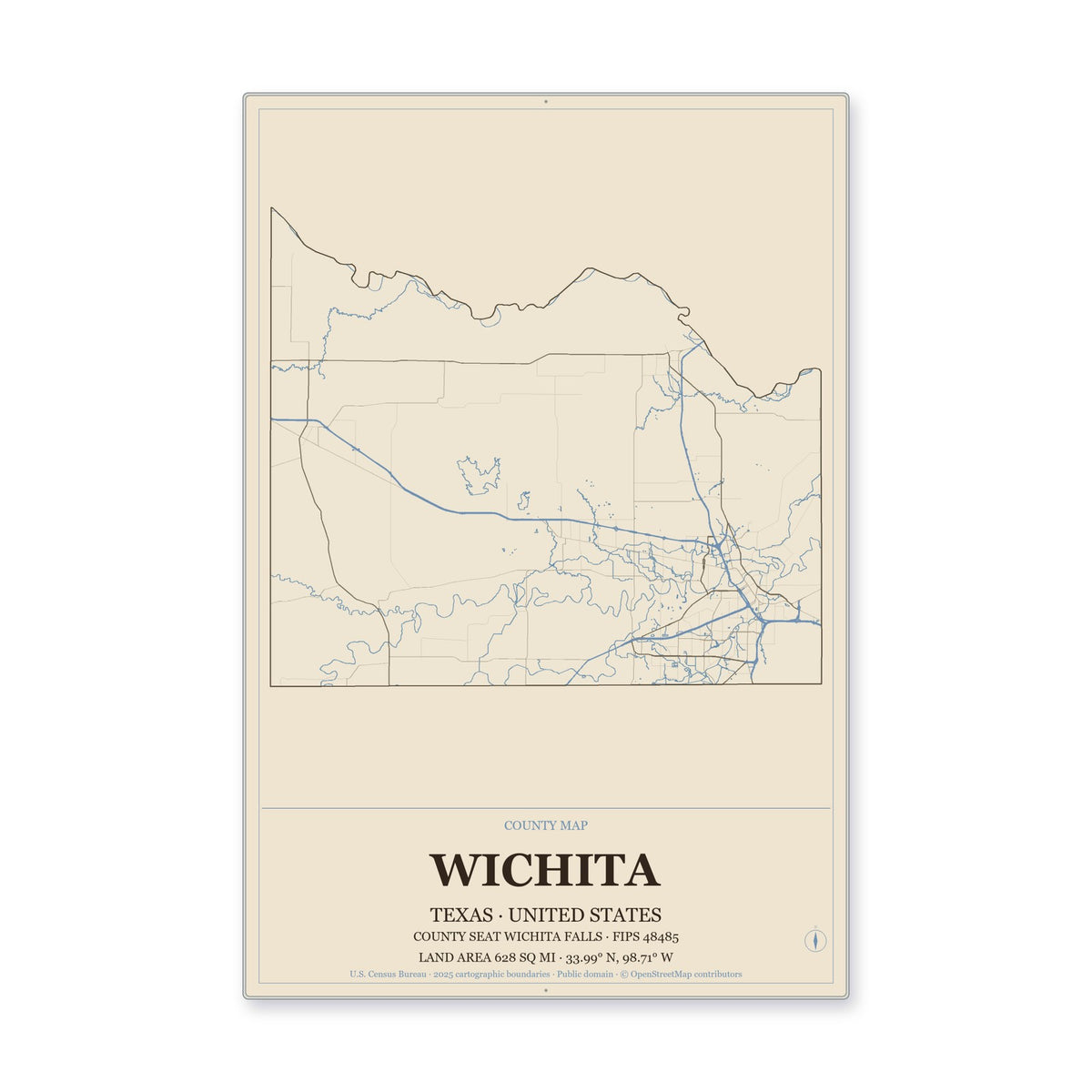 Wichita County, Texas Map Aluminum Sign in Heritage Nautical style