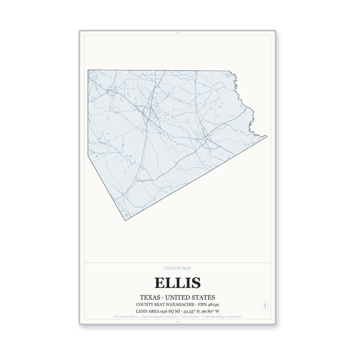 Ellis County, Texas Map Aluminum Sign in Gallery Air style