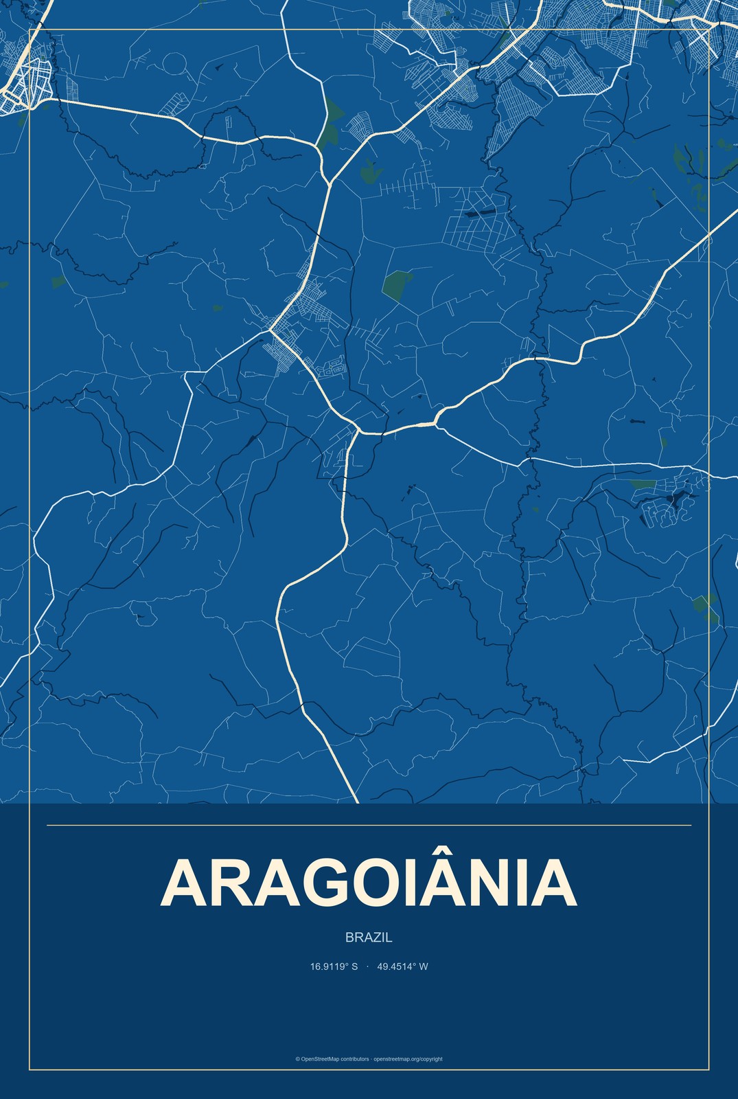 Aragoiânia, Brazil City Map Aluminum Sign in Harbor Cobalt style