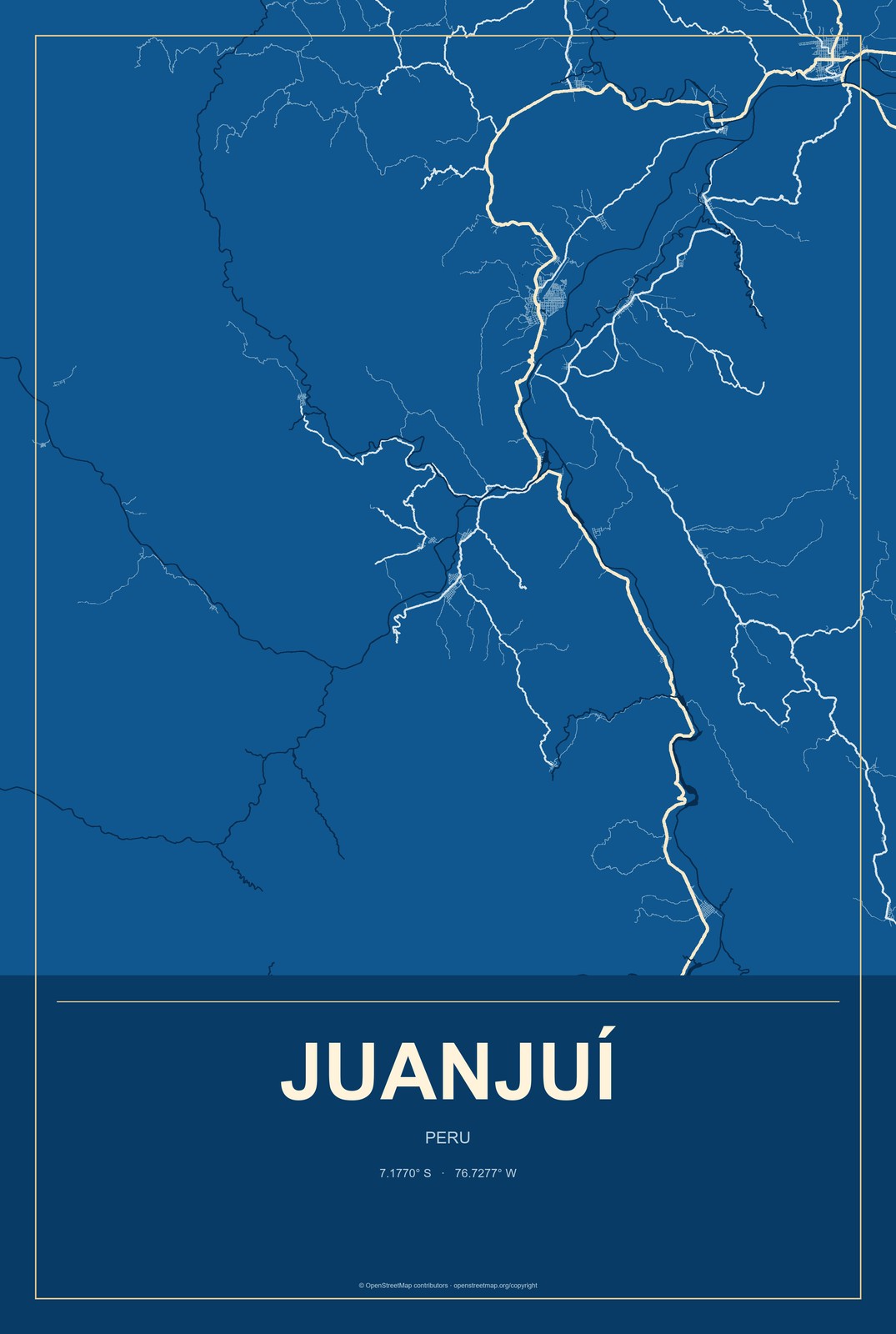 Juanjuí, Peru City Map Aluminum Sign in Harbor Cobalt style