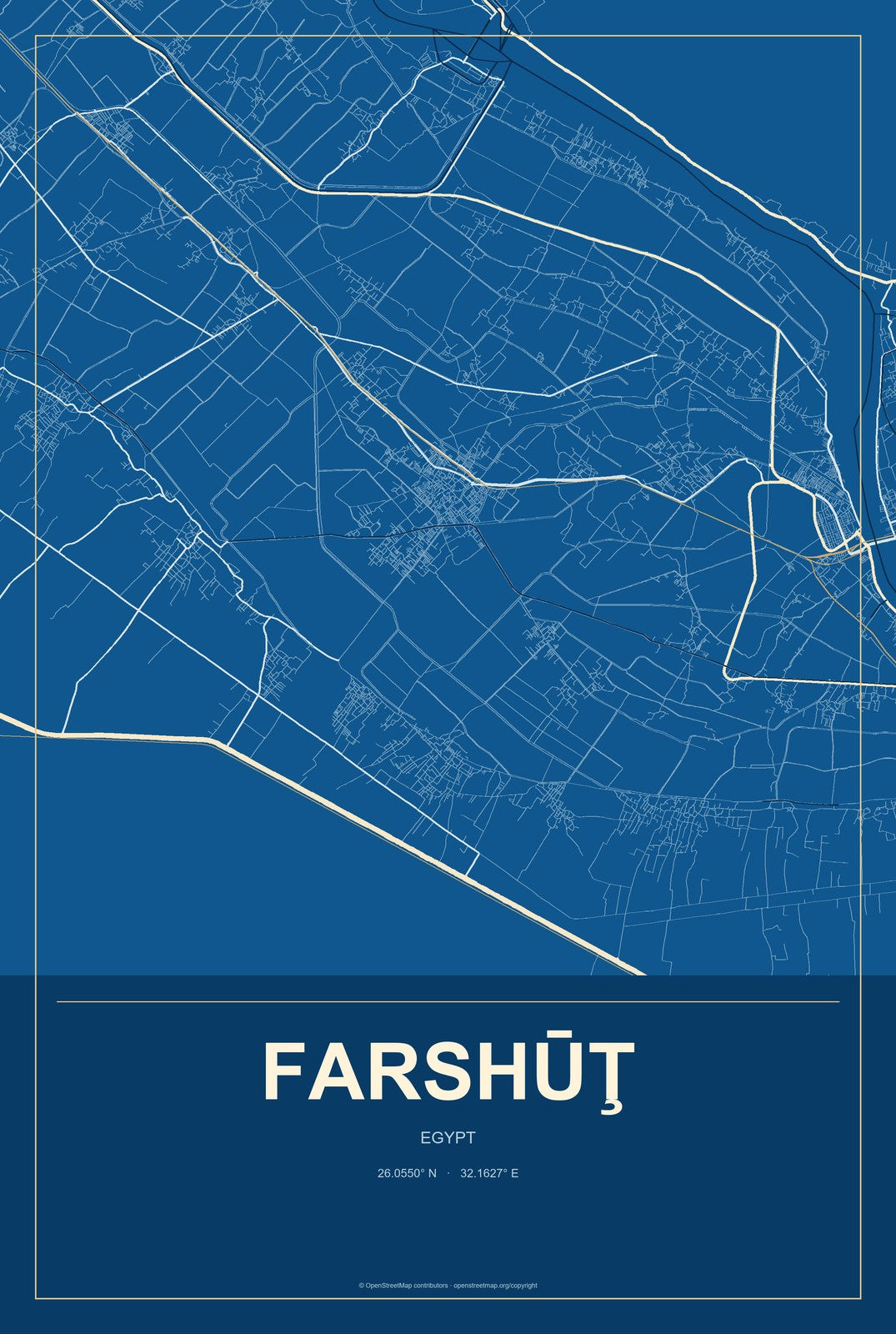 Farshūţ, Egypt City Map Aluminum Sign in Harbor Cobalt style