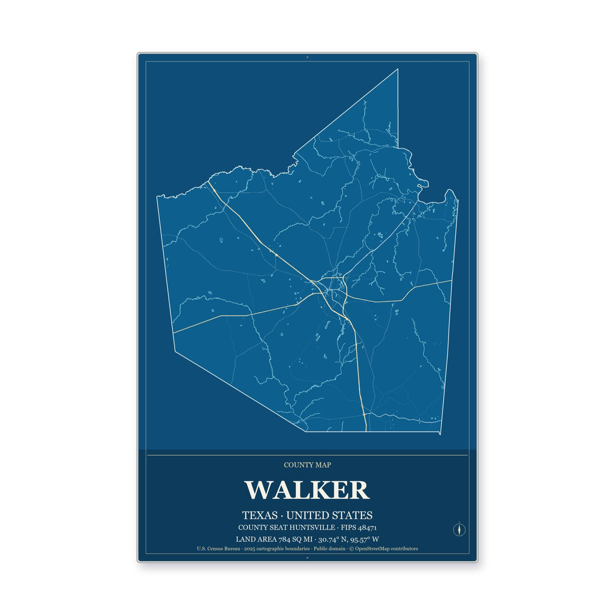 Walker County, Texas Map Aluminum Sign in Harbor Cobalt style