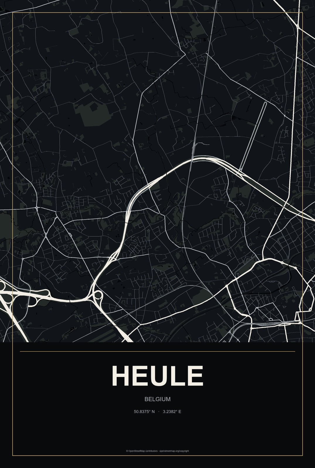 Heule, Belgium City Map Aluminum Sign in Metropolitan Noir style
