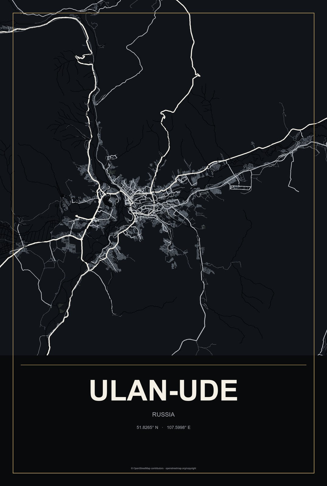 Ulan-Ude, Russia City Map Aluminum Sign in Metropolitan Noir style