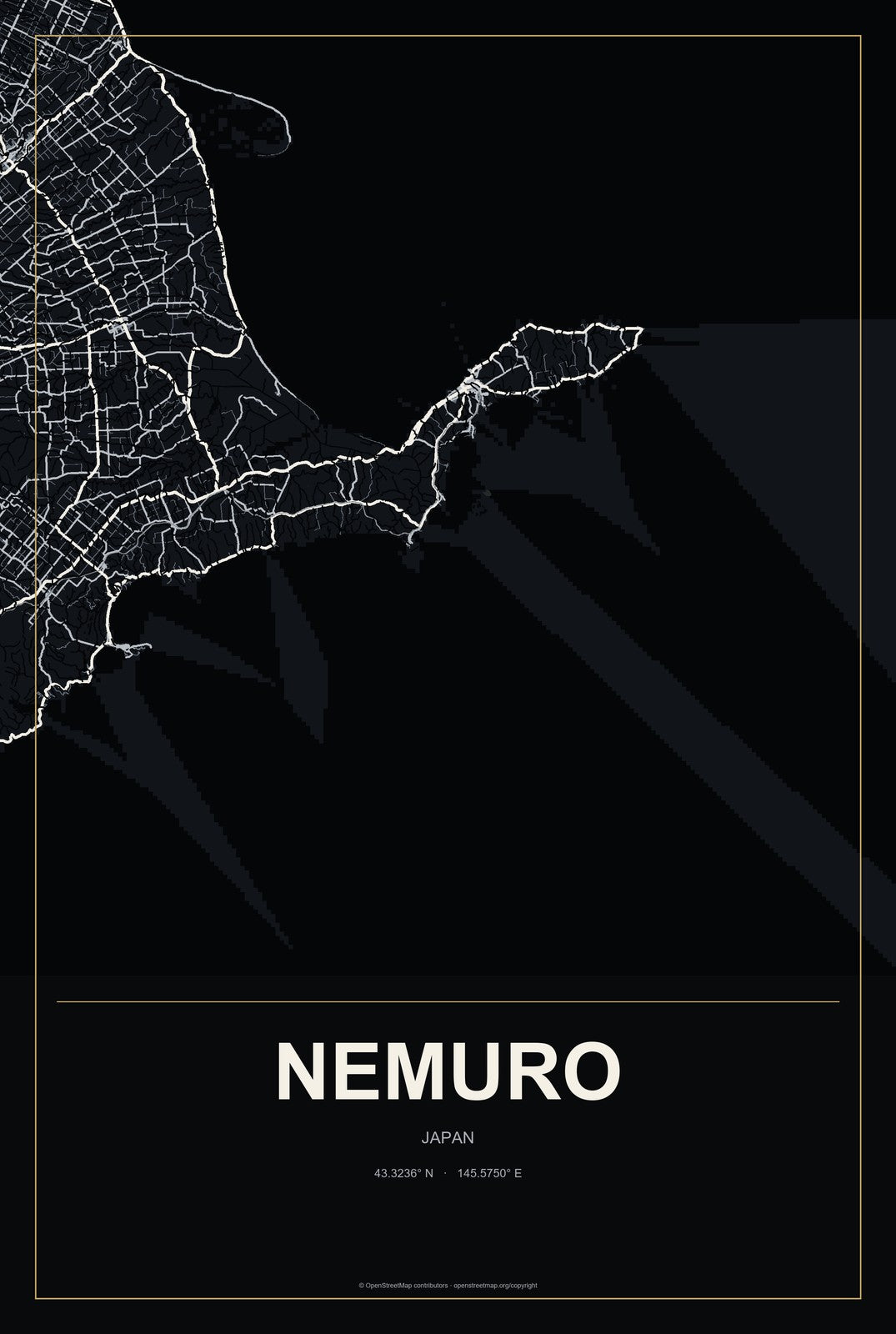 Nemuro, Japan City Map Aluminum Sign in Metropolitan Noir style