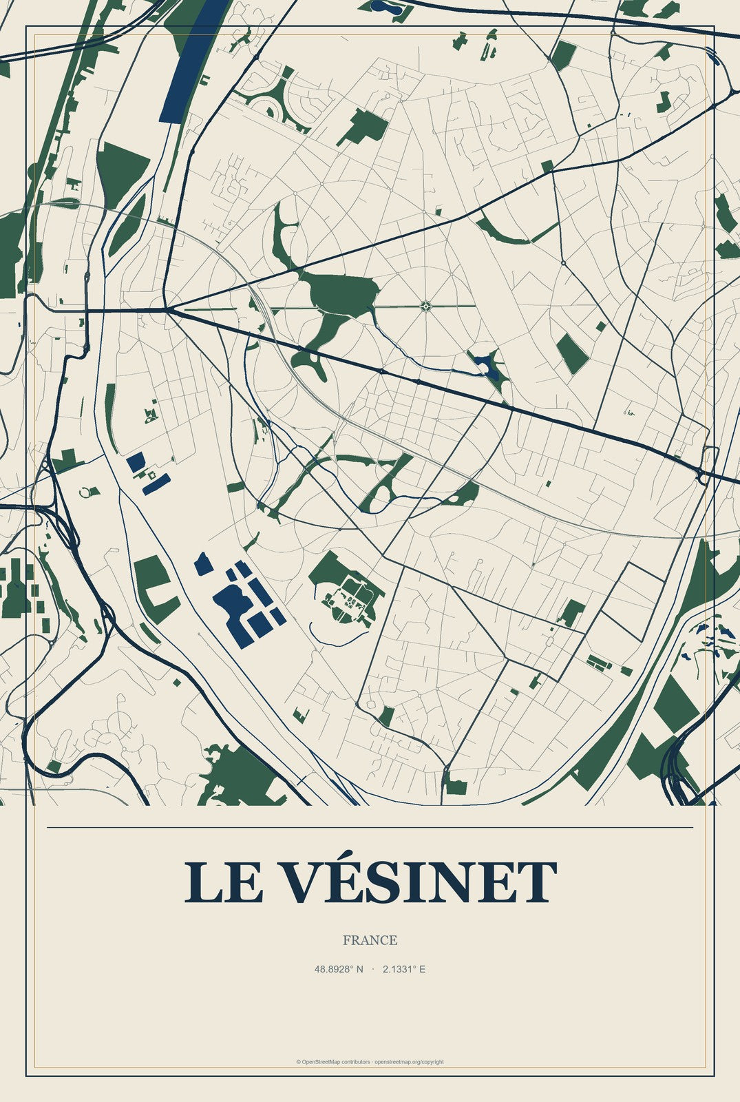 Le Vésinet, France City Map Aluminum Sign in Coastal Cutout style