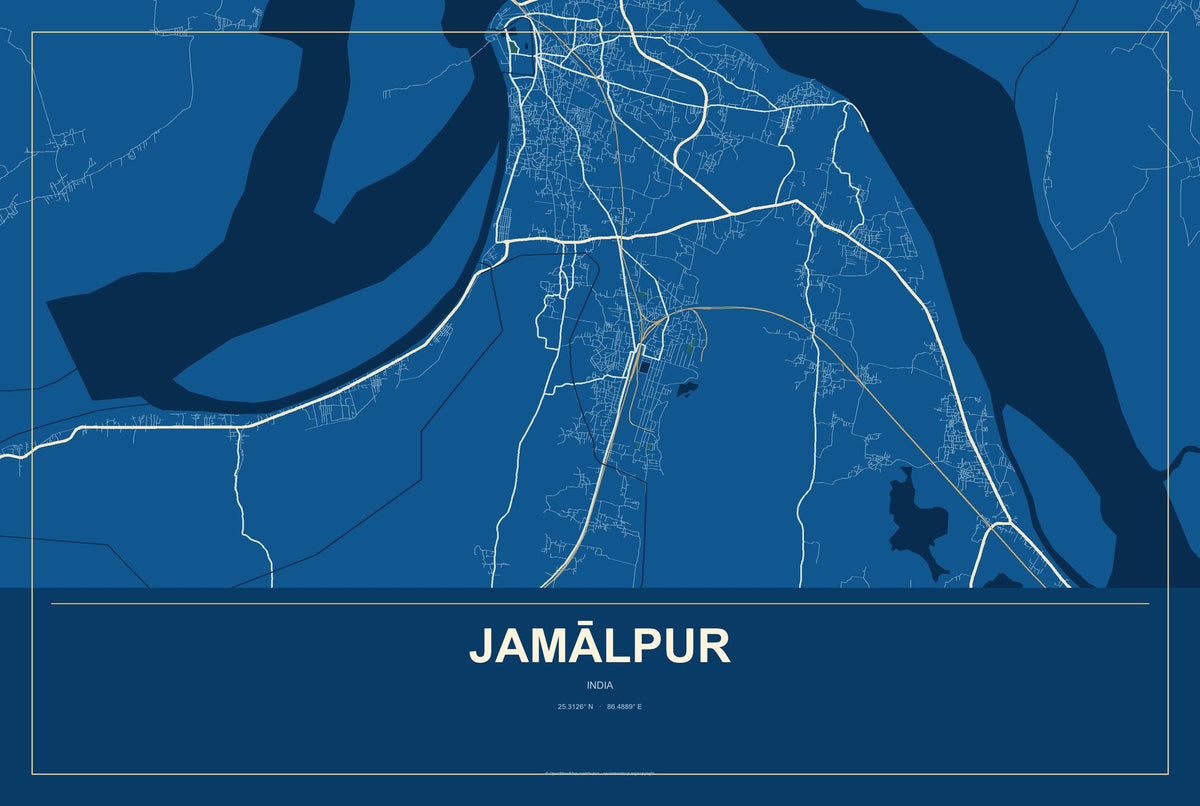 Jamālpur, India City Map Aluminum Sign in Harbor Cobalt style