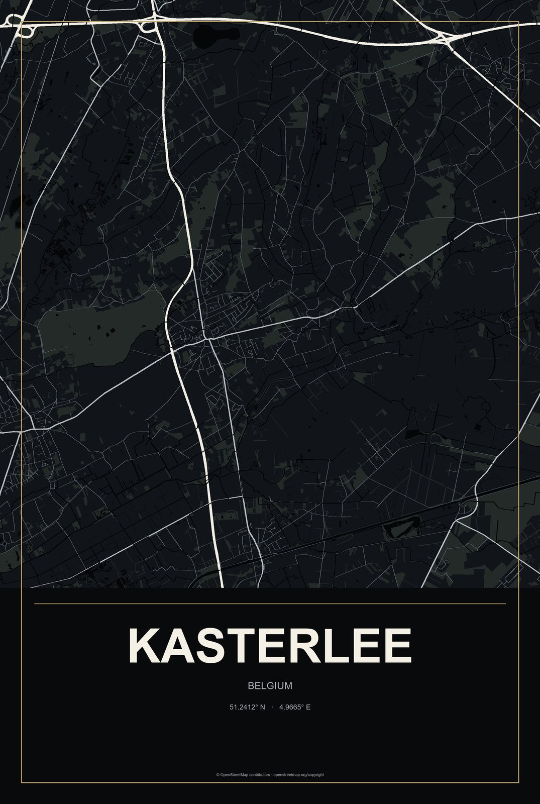 Kasterlee, Belgium City Map Aluminum Sign in Metropolitan Noir style
