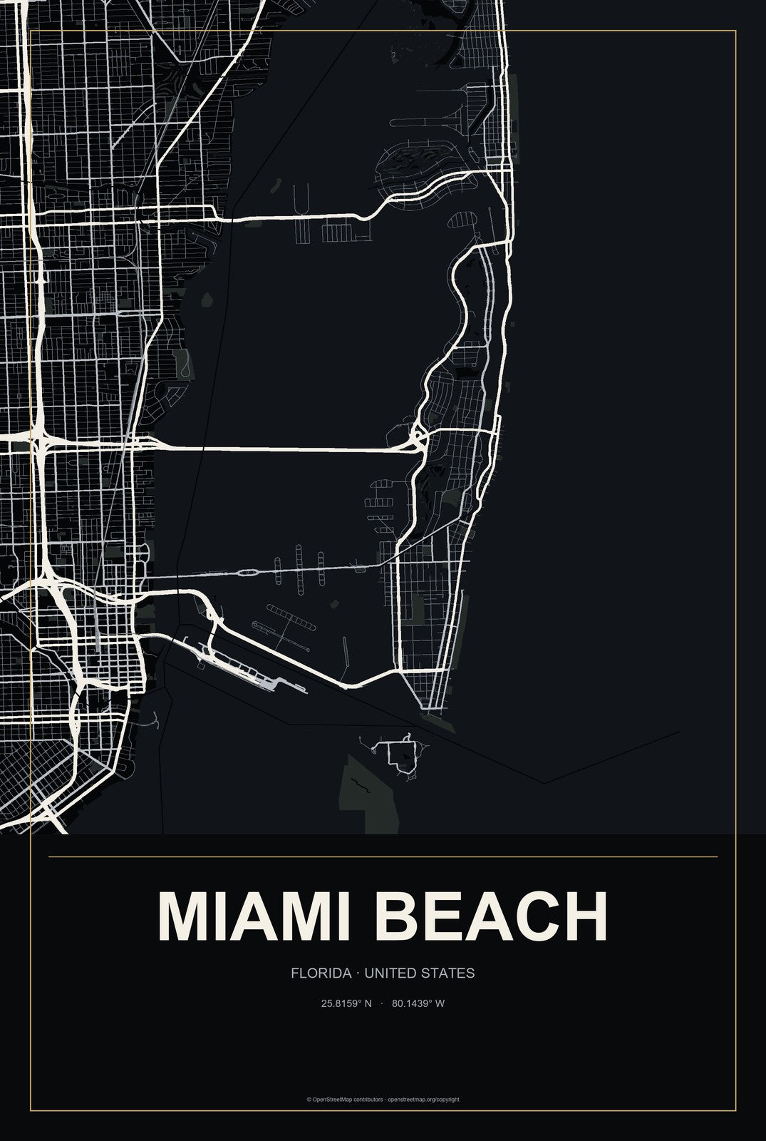 Miami Beach, Florida City Map Aluminum Sign in Metropolitan Noir style