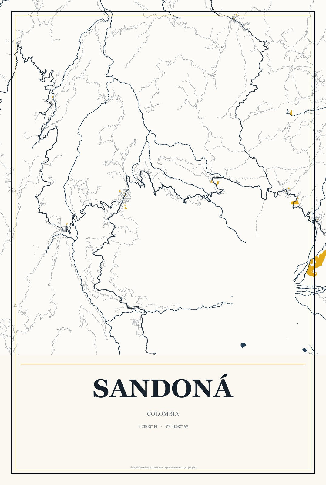 Sandoná, Colombia City Map Aluminum Sign in Citrine Modern style