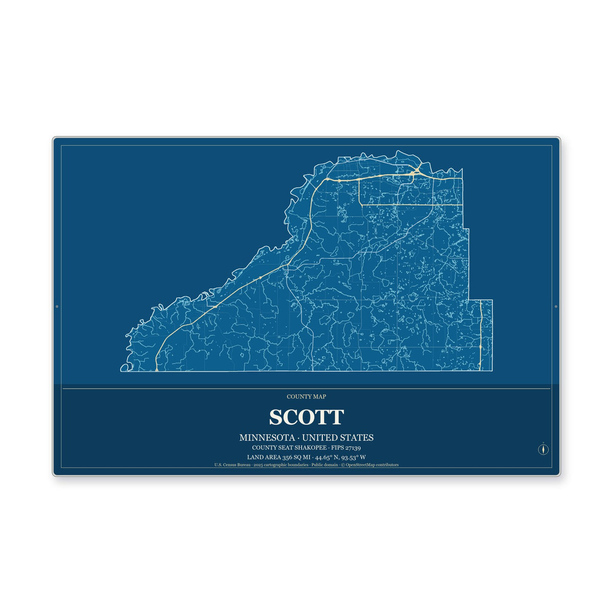 Scott County, Minnesota Map Aluminum Sign in Harbor Cobalt style