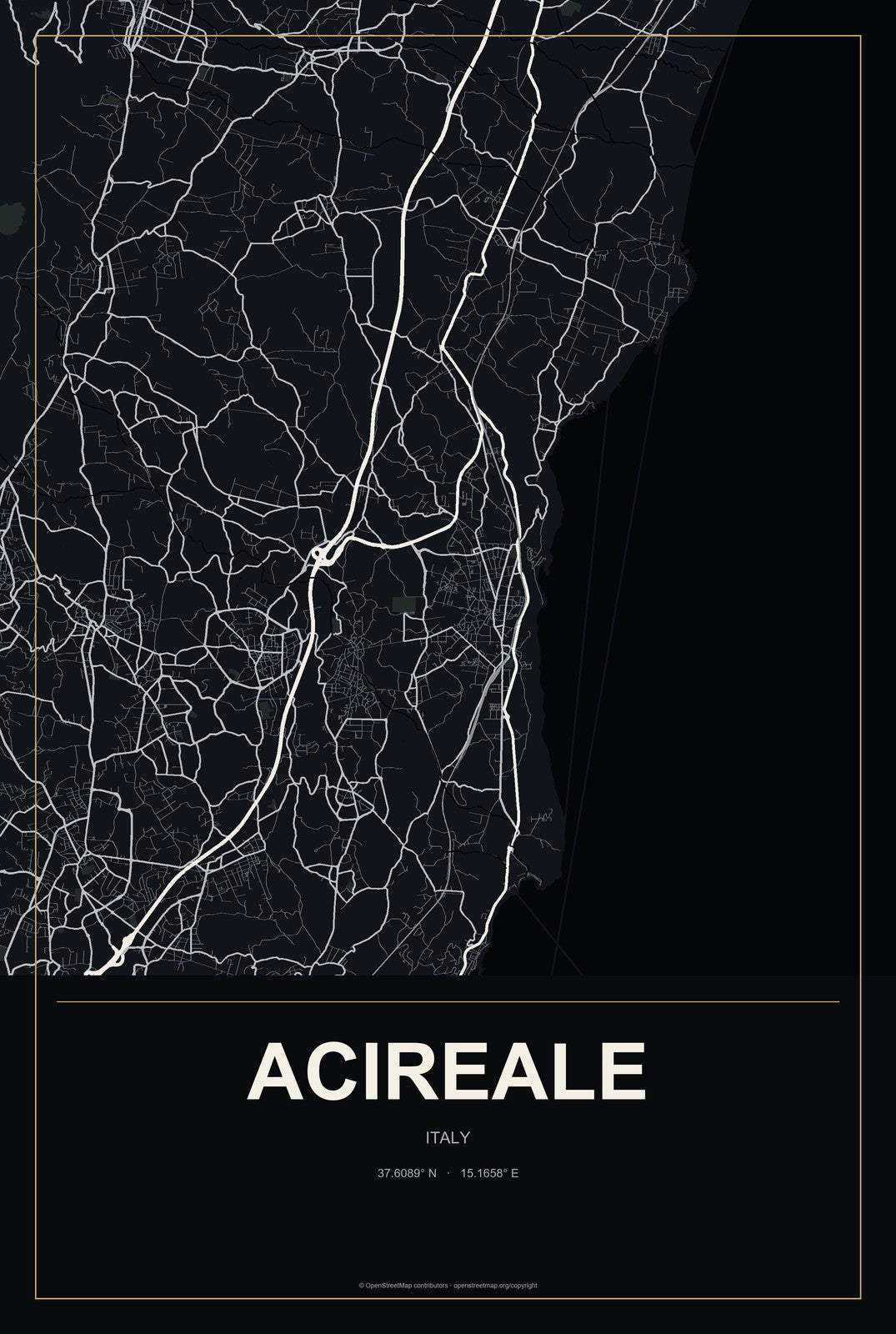Acireale, Italy City Map Aluminum Sign in Metropolitan Noir style