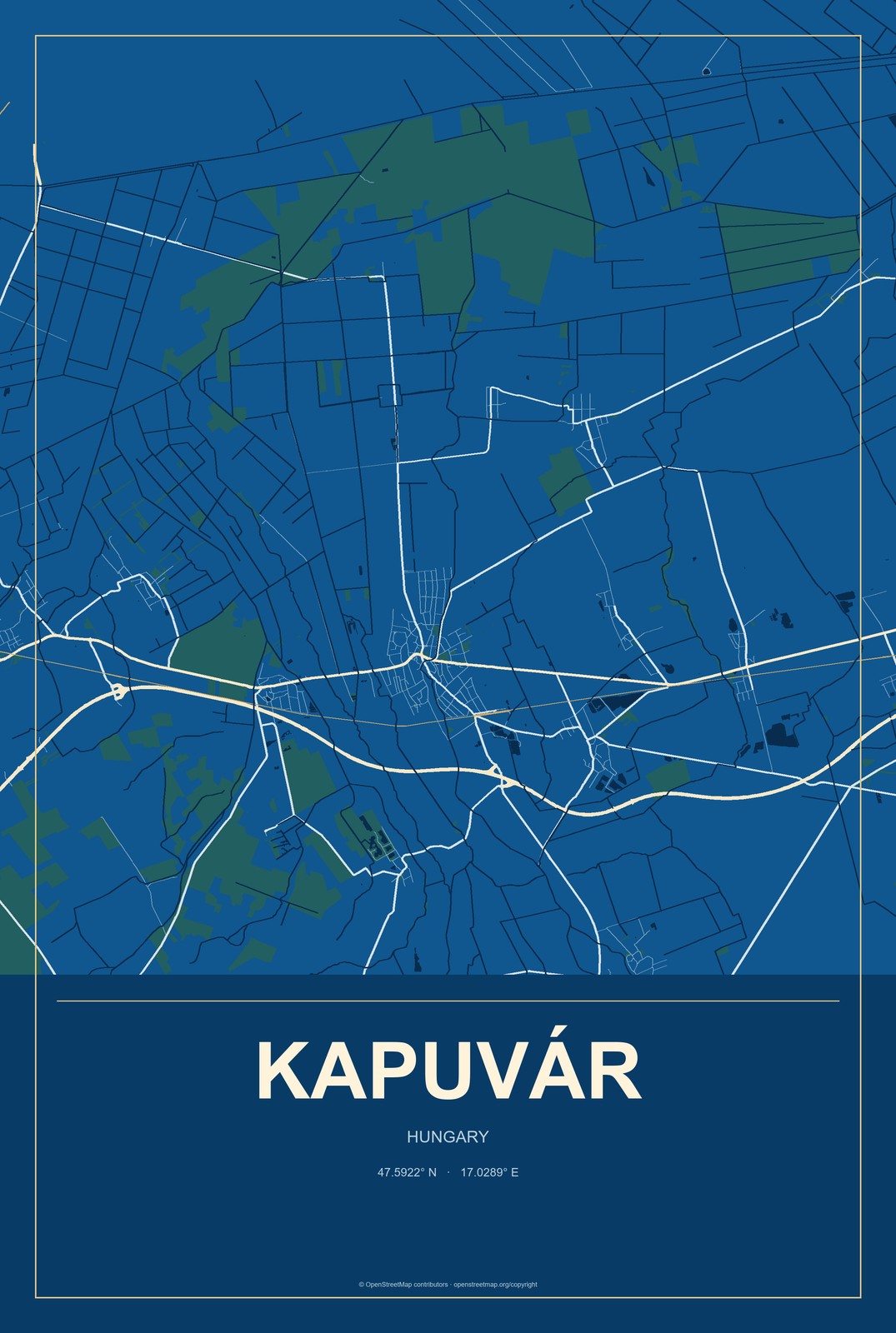 Kapuvár, Hungary City Map Aluminum Sign in Harbor Cobalt style