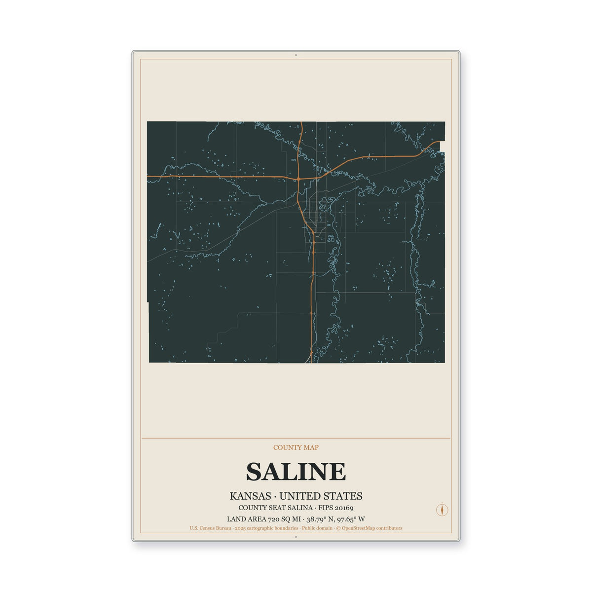 Saline County, Kansas Map Aluminum Sign in Headline Atlas style