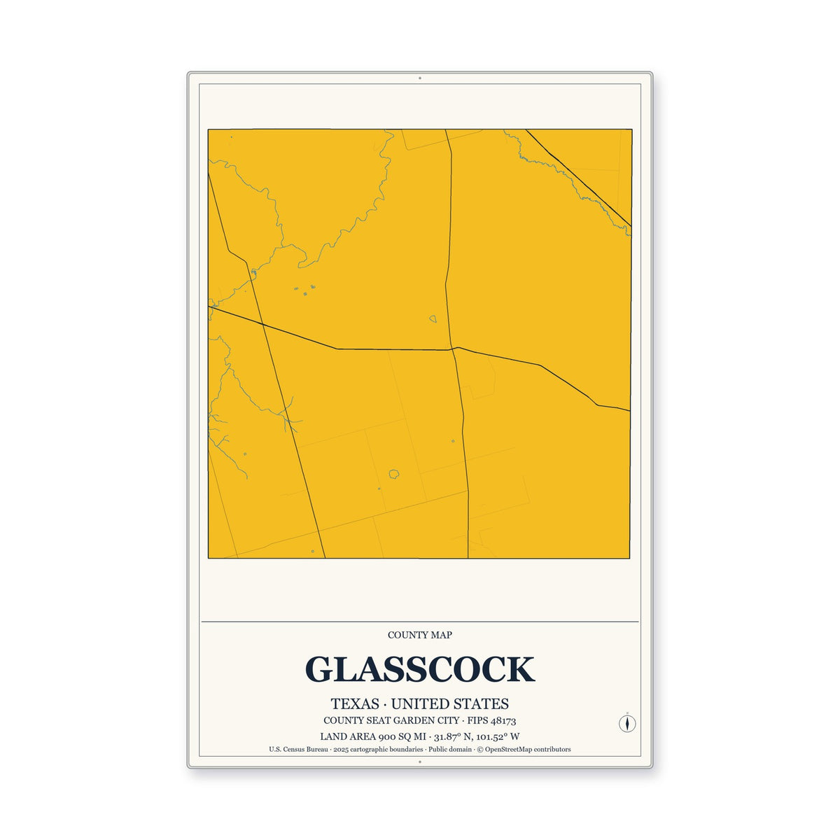 Glasscock County, Texas Map Aluminum Sign in Citrine Modern style