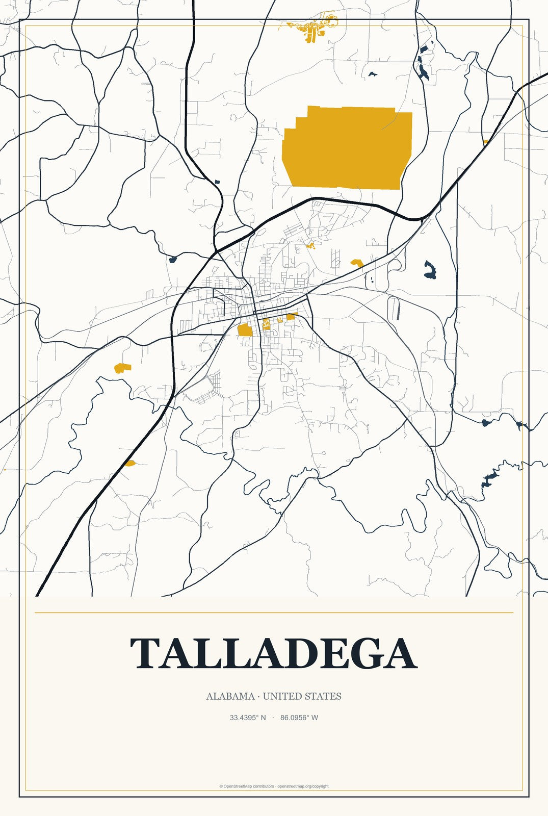 Talladega, Alabama City Map Aluminum Sign in Citrine Modern style