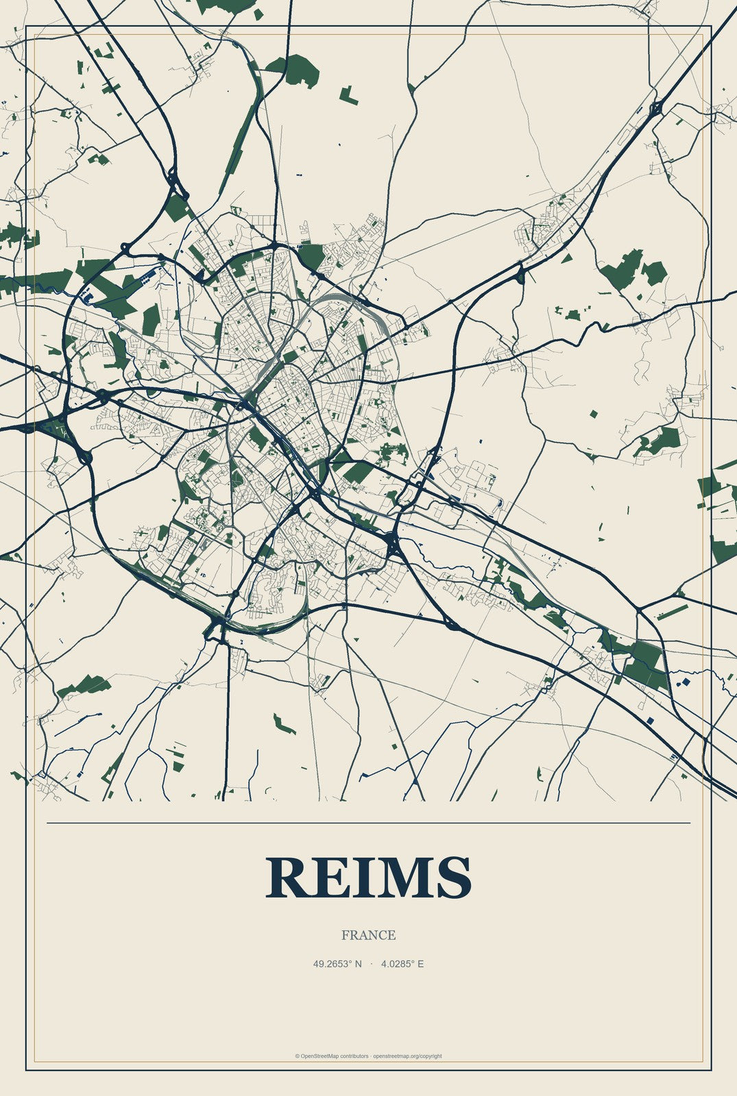 Reims, France City Map Aluminum Sign in Coastal Cutout style