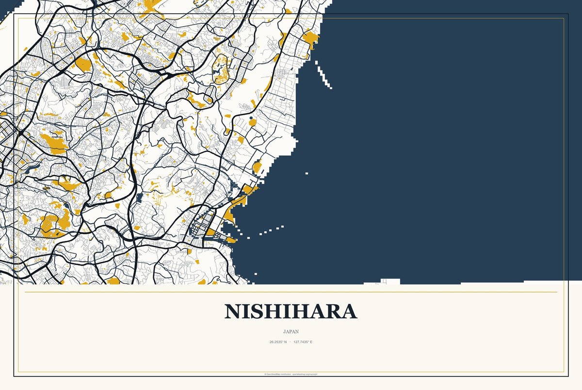 Nishihara, Japan City Map Aluminum Sign in Citrine Modern style