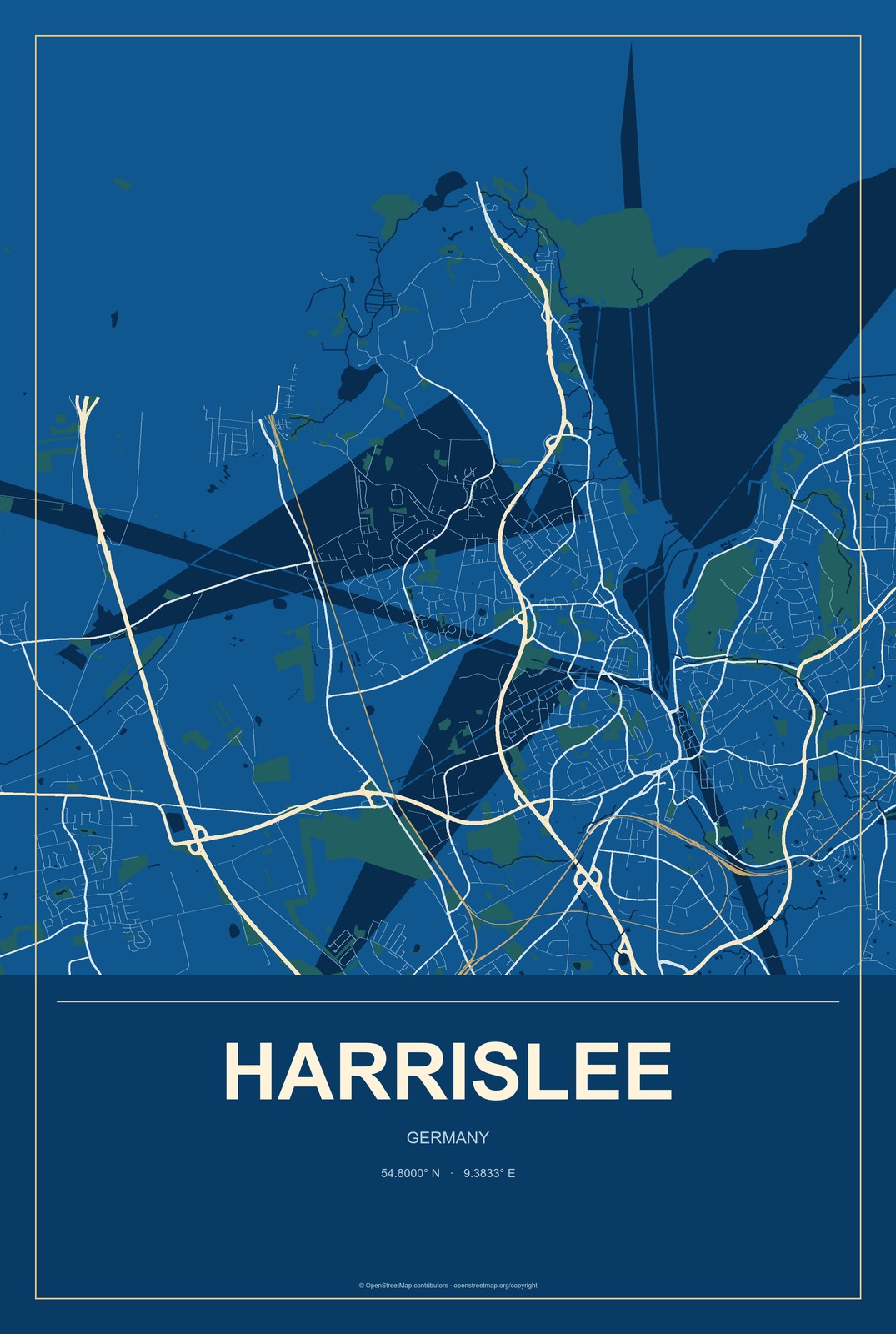 Harrislee, Germany City Map Aluminum Sign in Harbor Cobalt style