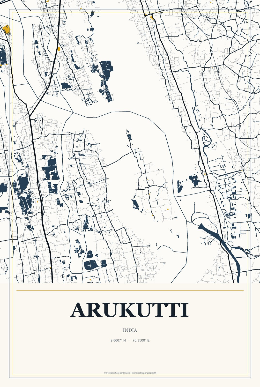 Arukutti, India City Map Aluminum Sign in Citrine Modern style