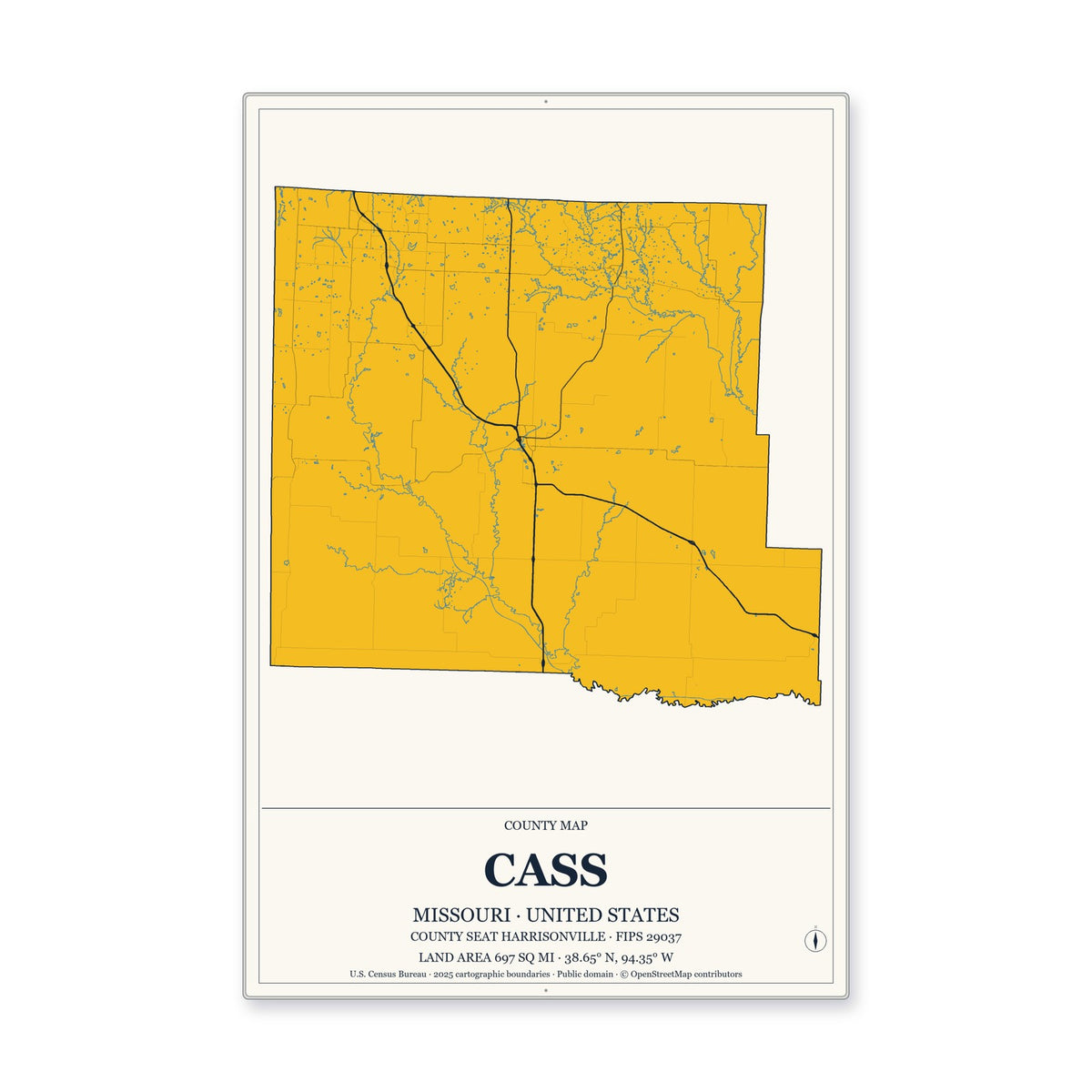 Cass County, Missouri Map Aluminum Sign in Citrine Modern style