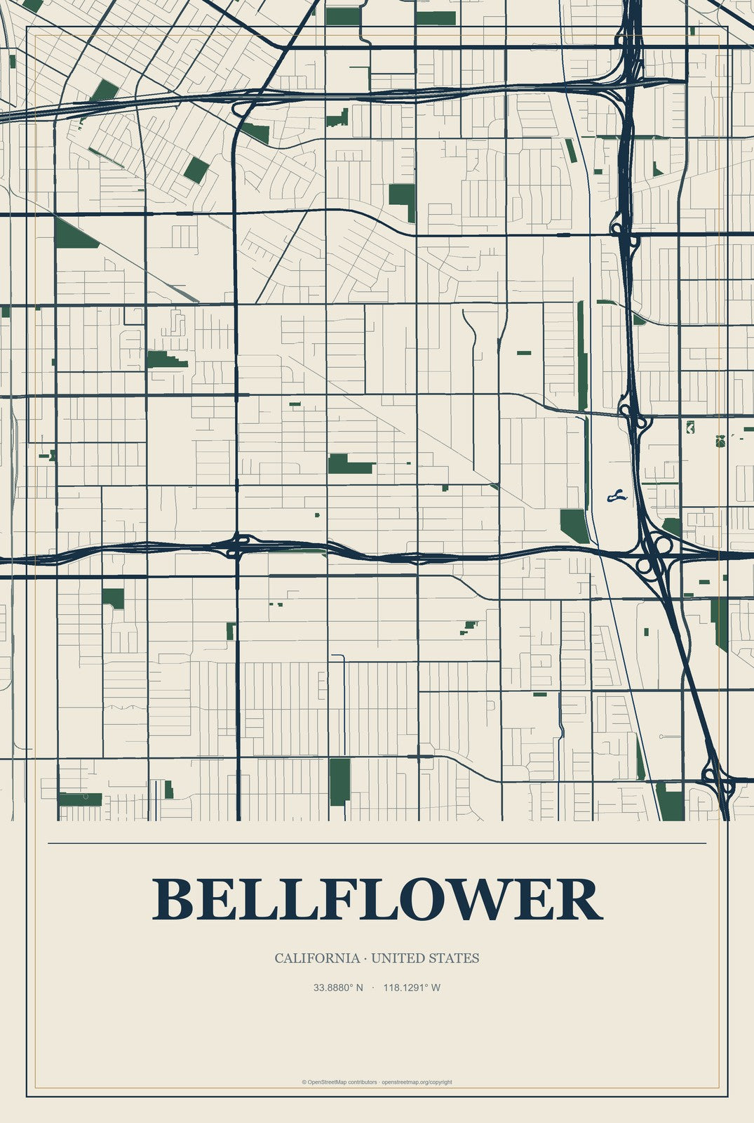 Bellflower, California City Map Aluminum Sign in Coastal Cutout style