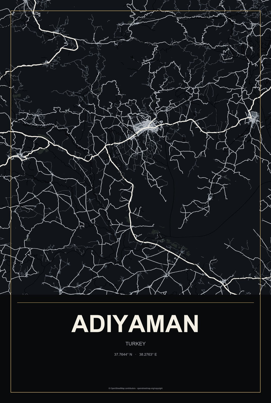 Adıyaman, Turkey City Map Aluminum Sign in Metropolitan Noir style