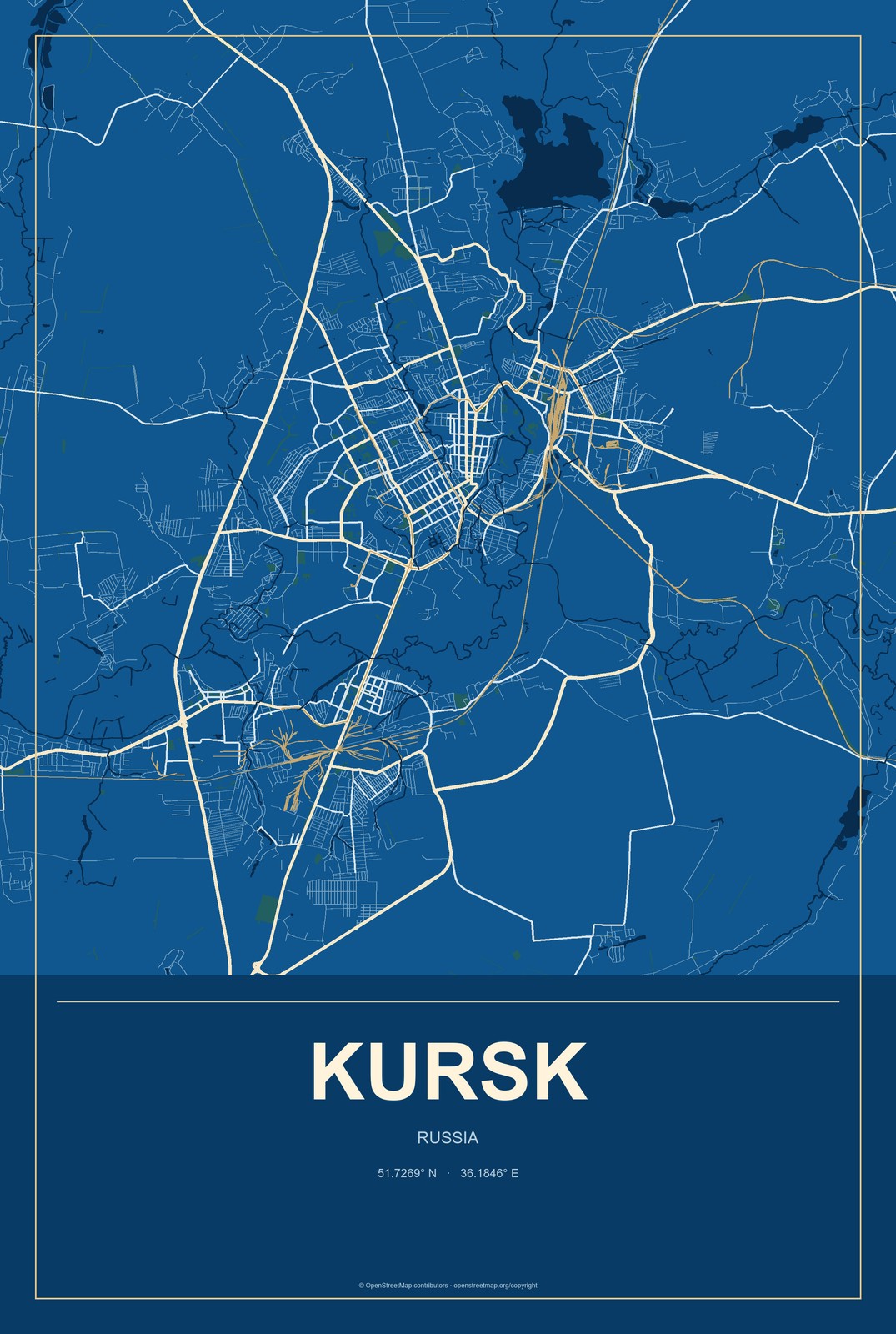 Kursk, Russia City Map Aluminum Sign in Harbor Cobalt style