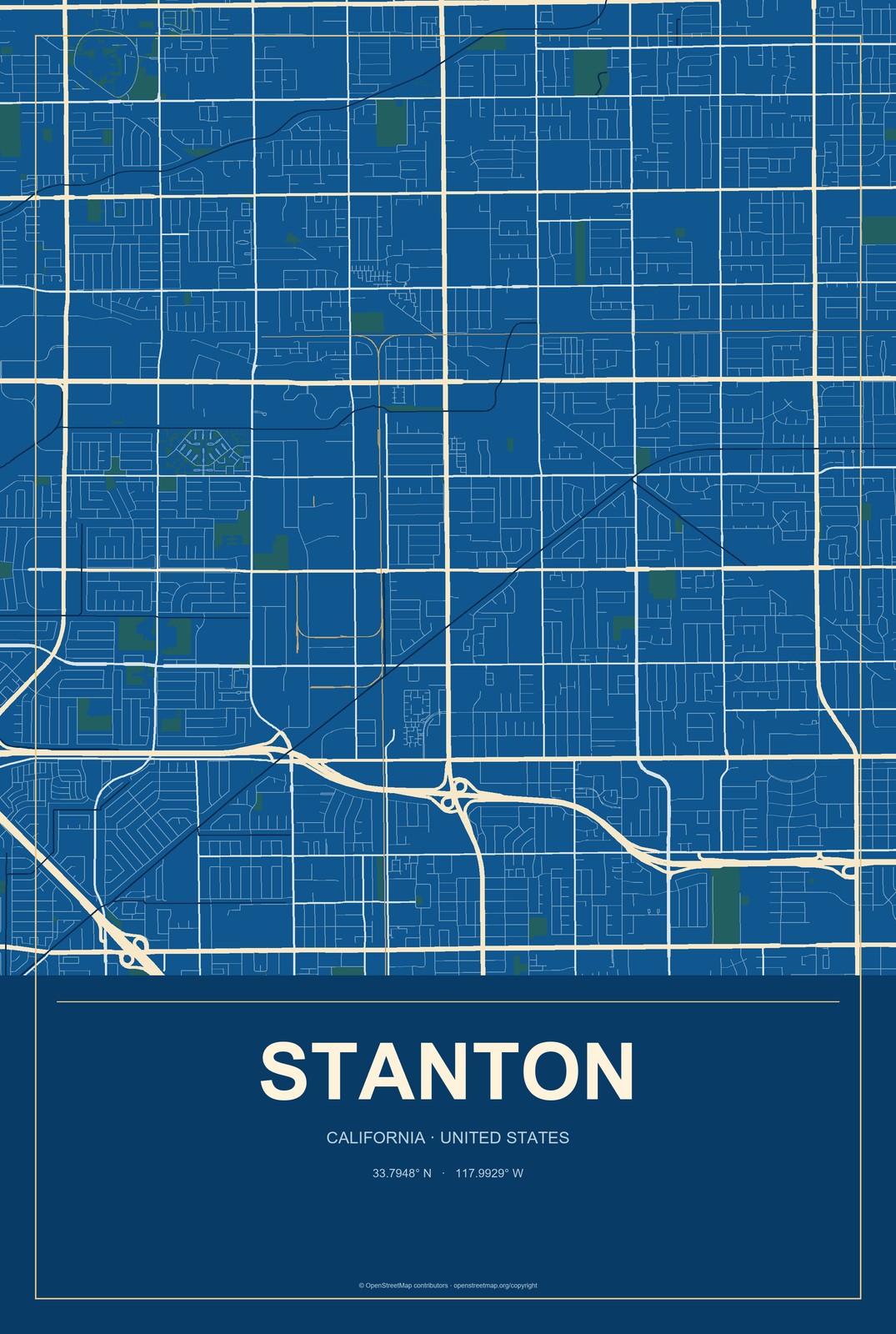 Stanton, California City Map Aluminum Sign in Harbor Cobalt style