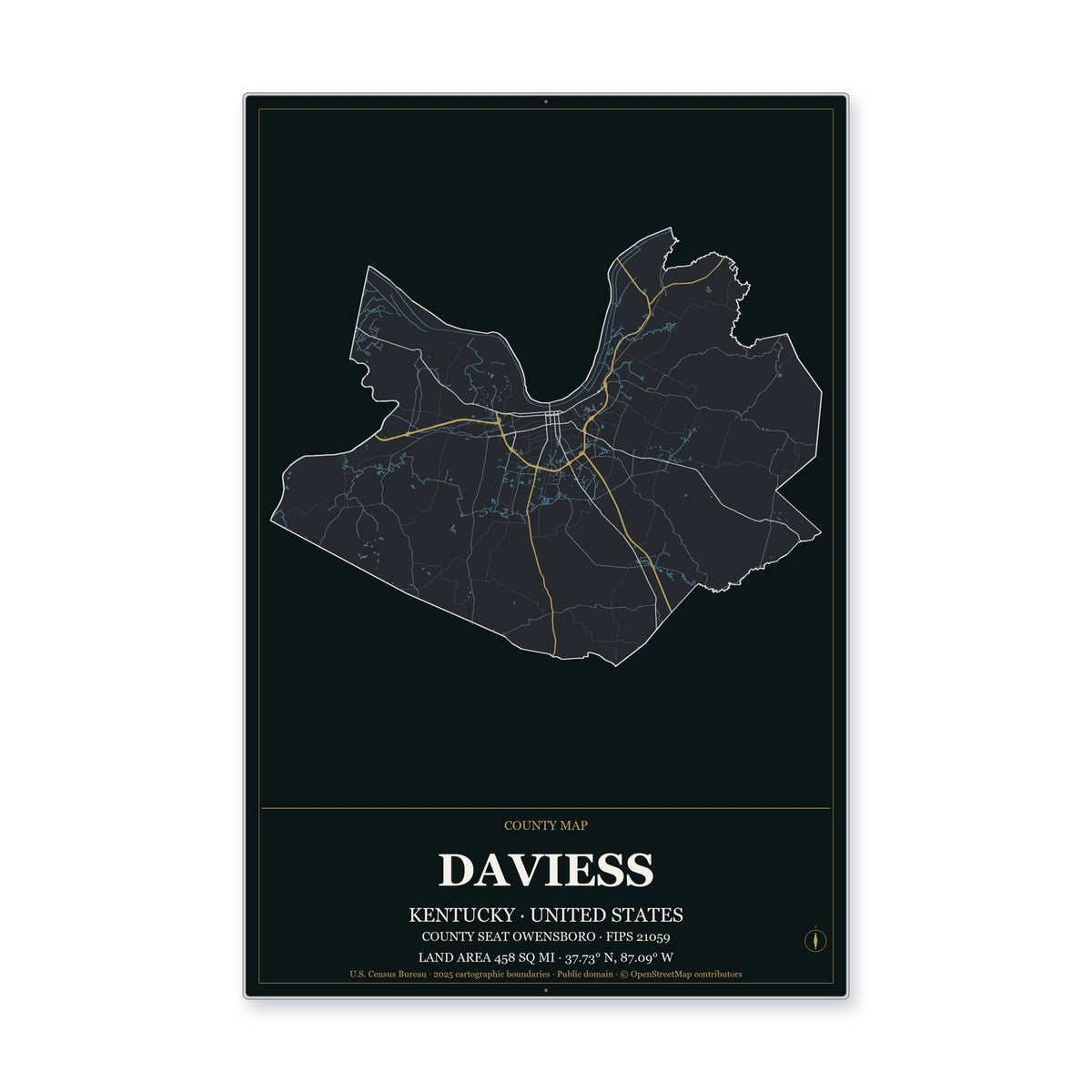 Daviess County, Kentucky Map Aluminum Sign in Metropolitan Noir style