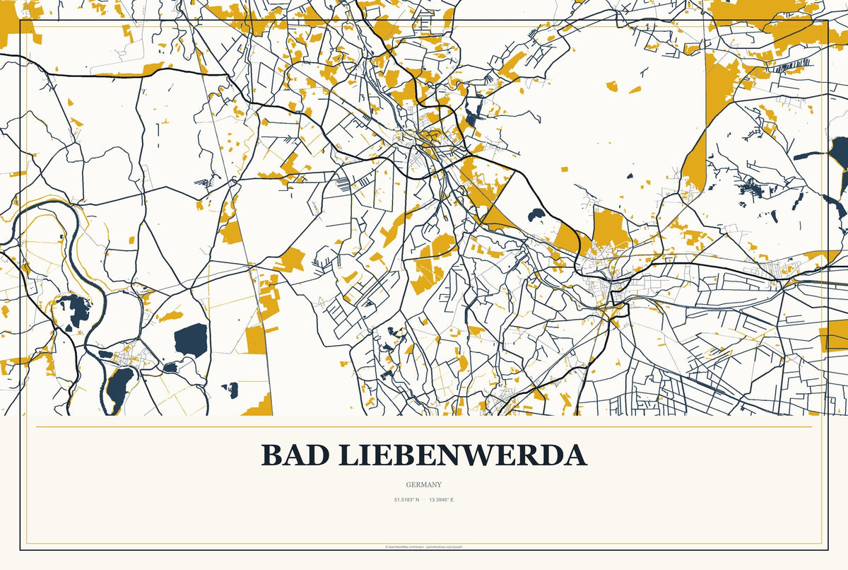 Bad Liebenwerda, Germany City Map Aluminum Sign in Citrine Modern style