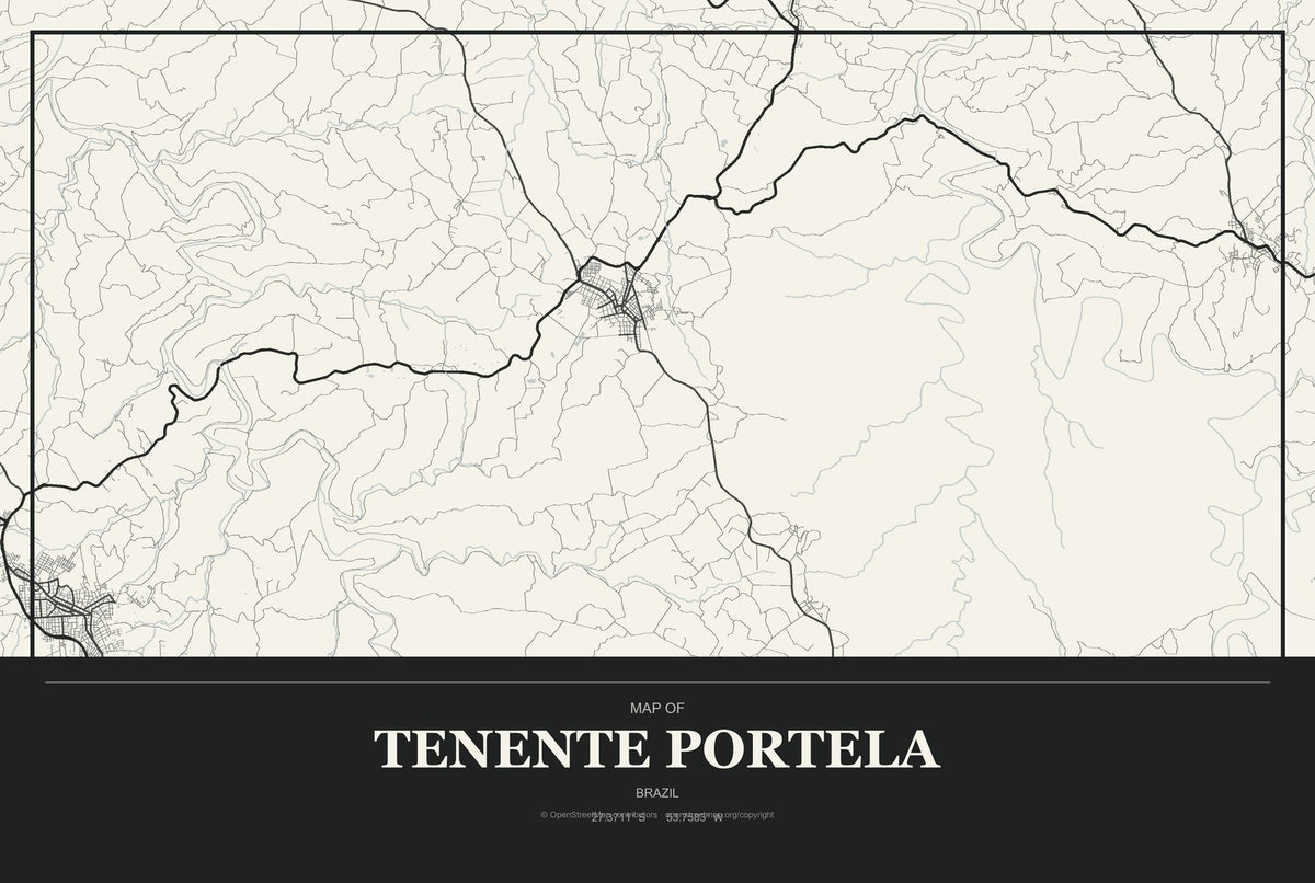 Tenente Portela, Brazil City Map Aluminum Sign in Museum Plaque style