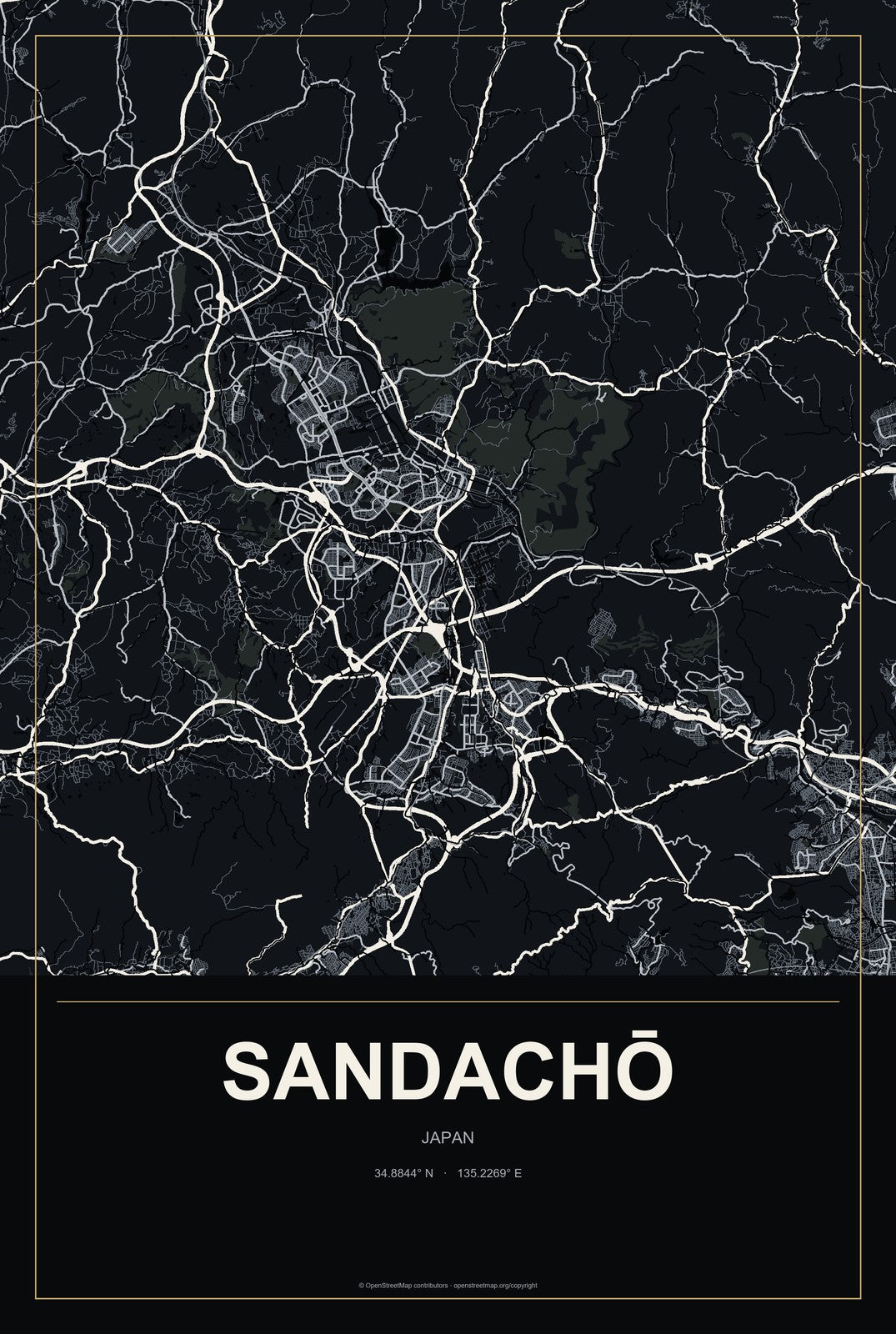 Sandachō, Japan City Map Aluminum Sign in Metropolitan Noir style